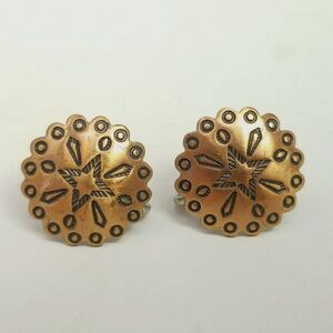 Vintage Copper Color Stamped Round Clip On Earrings, Screw Backs, Disc Shape